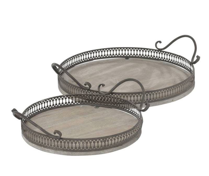 finehomegarden Tablett Dekotablett mit Griff Metall/Holz 2erSet natur Landhaus Ø26+33cm H9cm, Holz, (Set, 2-tlg., 2 x Tablett 30x26cm H9cm / 37,5x33cm H9cm), Holztablett Kerzentablett Serviertablett / Paket von finehomegarden