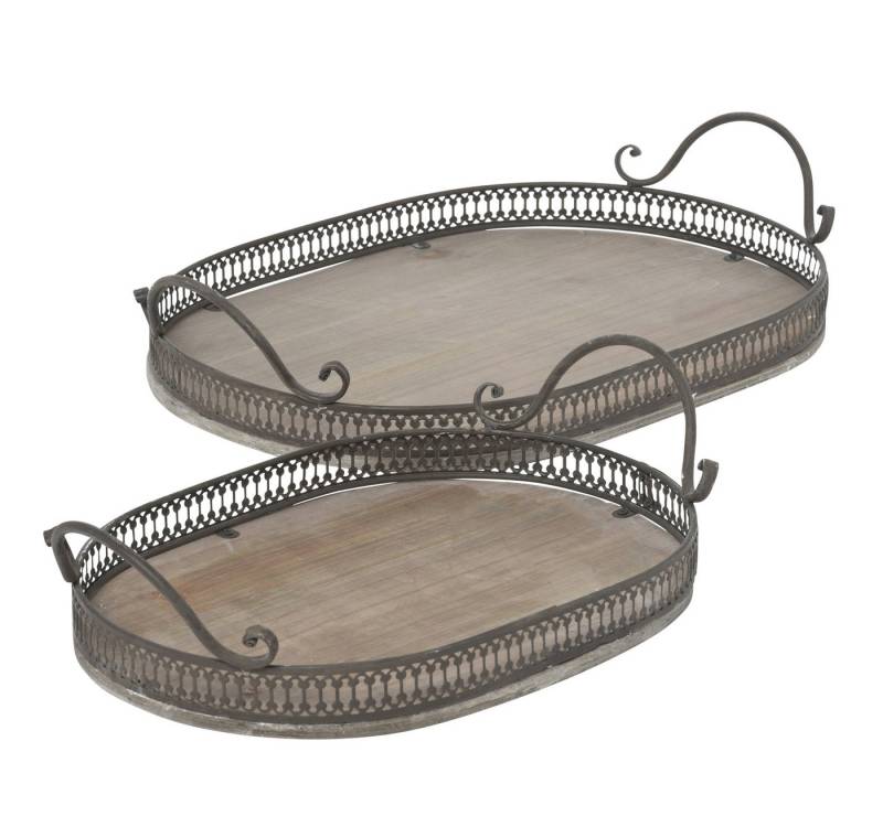 finehomegarden Tablett Dekotablett mit Griff Metall/Holz 2erSet natur Landhaus oval L36+45cm, Holz, (Set, 2-tlg., 2 x Tablett 36x23,5cm H9cm / 45x30cm H9,5cm), Holztablett Kerzentablett Serviertablett / Paket von finehomegarden