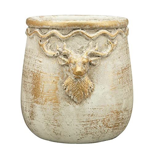 finehomegarden Übertopf Hirschkopf Weihnachten Creme/Gold Zement Ø18,5cm H20cm Pflanzgefäß Pflanzschale Topf Deko von finehomegarden