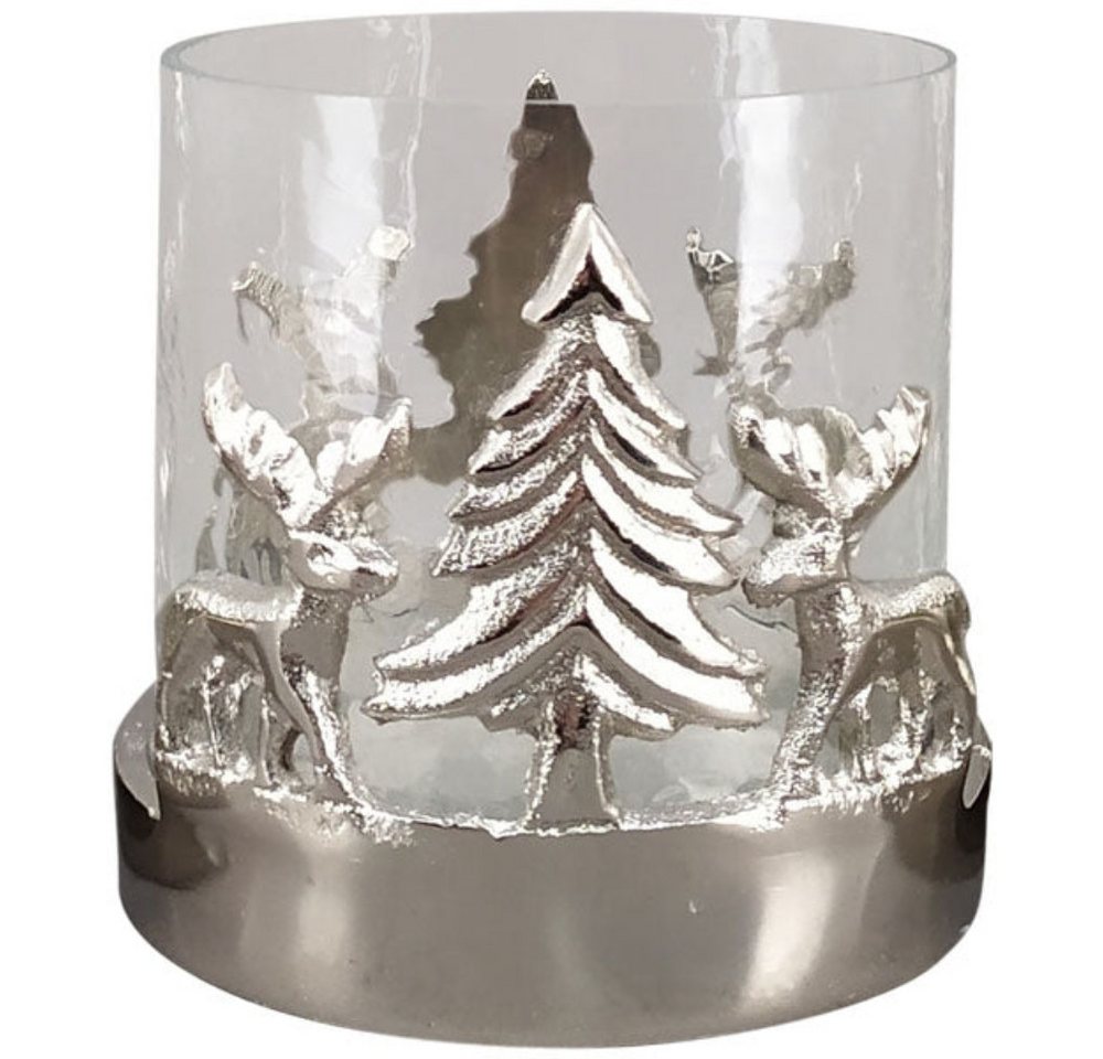 finehomegarden Windlicht Teelichthalter Tanne/Rentier H8,5cm + Ø14,5cmH15cm Kerzenhalter (1 St), Weihnachten Weihnachtsdeko Glas Aluminium klar/Silber 2Größen wählbar von finehomegarden