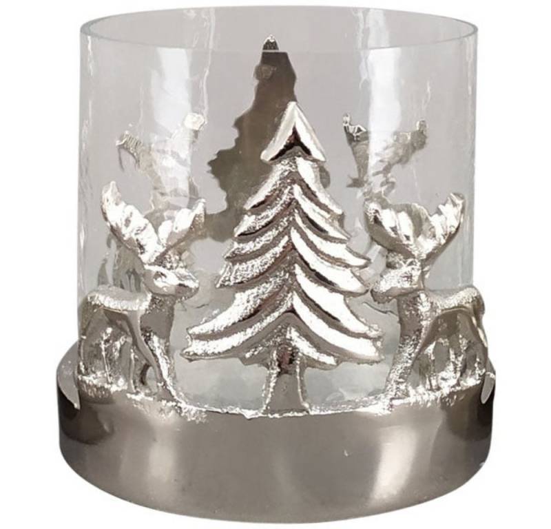 finehomegarden Windlicht Teelichthalter Tanne/Rentier H8,5cm + Ø14,5cmH15cm Kerzenhalter (1 St), Weihnachten Weihnachtsdeko Glas Aluminium klar/Silber 2Größen wählbar von finehomegarden
