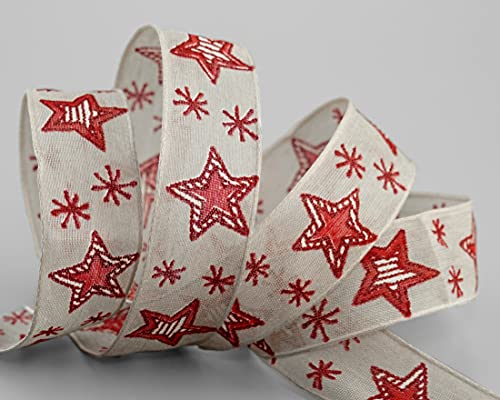 20 m x 25 mm Dekoband HAPPY STARS BEIGE ROT Natur Stoffband mit Drahtkanten Sterne Muster Schleifenband Weihnachtsband Band Weihnachten dekorieren Geschenkverpackung Advent von finemark