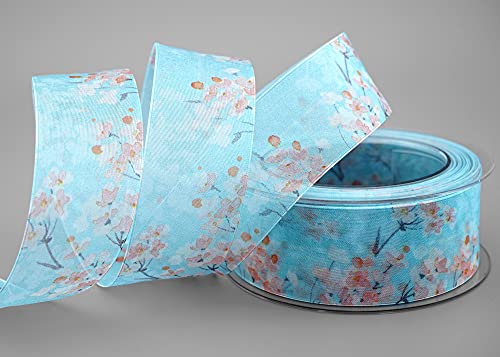 20 m x 40 mm Dekoband EVA Hellblau Apricot Chiffon mit Blumen Blumenband transparent mit Drahtkanten Geschenkband Aquarell Schleifenband Stoffband Frühling Sommer Band Geschenkverpackung Geburtstag von finemark