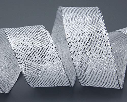 20 m x 40 mm Dekoband METALLIC STRIPES WEISS Silber Lurex Streifen Geschenkband Schleifenband mit Drahtkanten glänzend Weihnachtsband von finemark