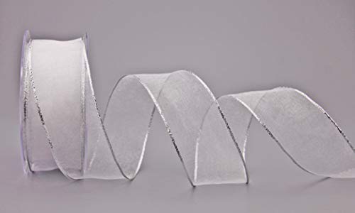 finemark Chiffon Dekoband Weiss/Silber 20 m x 40 mm Chiffonband Organza mit Silberkante glänzend transparent Geschenkband Drahtkantenband Schleifenband elegant festlich Dekoration Weihnachten von finemark