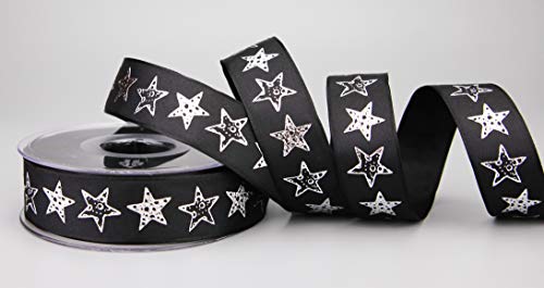 Dekoband (1,20€/m) Bright STARS SCHWARZ Silber 20 m x 25 mm Rolle Stoffband mit Drahtkanten Sterne Geschenkband Schleifenband Sternenband elegant Dekoration Weihnachten Advent Premium Band mit Draht von finemark