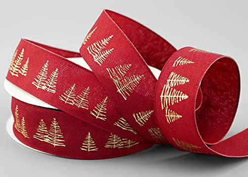 15 m x 25 mm Dekoband GOLDEN CHRISTBAUM ROT Gold Schleifenband einseitig bedruckt mit Weihnachtsbäume Band Geschenkband Weihnachtsband Winter Weihnachten Advent von finemark