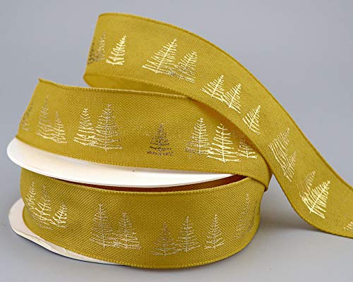 15 m x 25 mm Dekoband GOLDEN CHRISTBAUM SENF Gold Schleifenband einseitig bedruckt mit Weihnachtsbäume Band Geschenkband Weihnachtsband Winter Weihnachten Advent von finemark