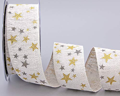 finemark 15 m x 40 mm Dekoband Country Stars Ivory Gold Geschenkband Schleifenband Natur Leinen Stoffband Landhaus Weihnachten mit Sternen von finemark