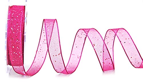 finemark 20 m x 15 mm Dekoband Glitzer Fuchsia Pink Stoffband Transparent glänzend Organza mit Drahtkanten elegant Weihnachten Advent Geburtstag Premium Glitter Ribbon Chiffon Chiffonband Draht von finemark