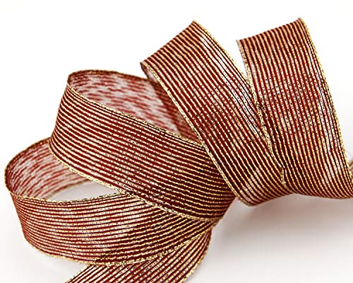 finemark 20 m x 25 mm Dekoband METALLIC Stripes Bordeaux Gold Lurex Streifen Geschenkband Schleifenband mit Drahtkanten glänzend Weihnachtsband von finemark