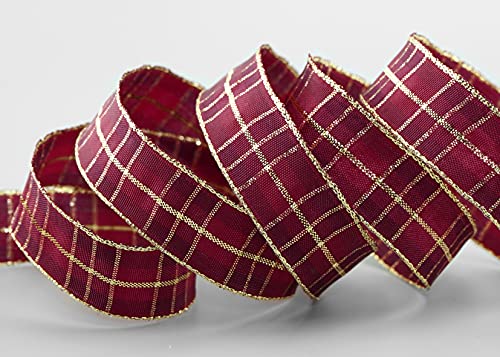 finemark 20 m x 25 mm Karo Weihnachtsband Bordeaux Gold (155) mit Lurex Drahtkantenband Dekoband Geschenkband Schottenkaro Glanzband Goldkante Draht Schleifenband Winter Christmas Check von finemark