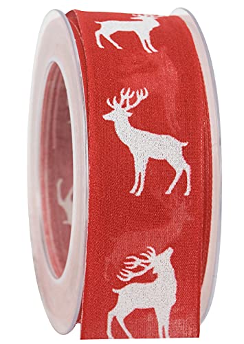 finemark 20 m x 40 mm Dekoband Hirsch Rot Weiss Geschenkband mit Drahtkanten Draht Schleifenband Stoffband Deko Geschenkverpackung Glitzer Band Herbst Winter Weihnachten Advent von finemark