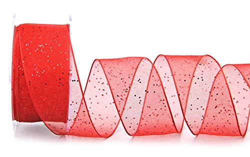 finemark Dekoband Glitzer ROT 20 m x 40 mm Stoffband Transparent glänzend Organza mit Drahtkanten elegant Weihnachten Advent Geburtstag Premium Glitter Ribbon von finemark