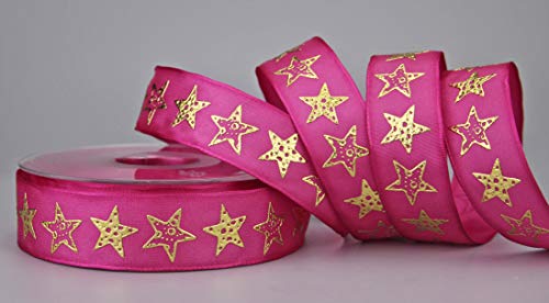 finemark Dekoband Bright Stars PINK Gold 20 m x 25 mm (Rolle) Stoffband mit Draht Sternen Motiv Weihnachten Advent Premium von finemark