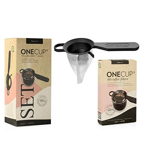 12 x finum SET mit 60 ONECUP Coffee Filters + Halter (12 Sets) - 60 Kaffeefilter für die Tasse + Halterung, Papierfilter, Filter für Kaffeepulver, 60 Tassenfilter, Kaffeebereiter für Becher – 12 Sets von finum