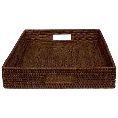 Tablett Rattan Rechteckig - Großes Serviertablett aus natürlichem Rattan mit Griffen & hohem Rand - Rattan Tablett, Korbtablett, Deko Tablett (50x40x8cm) (Dark Mokka) von fiolini