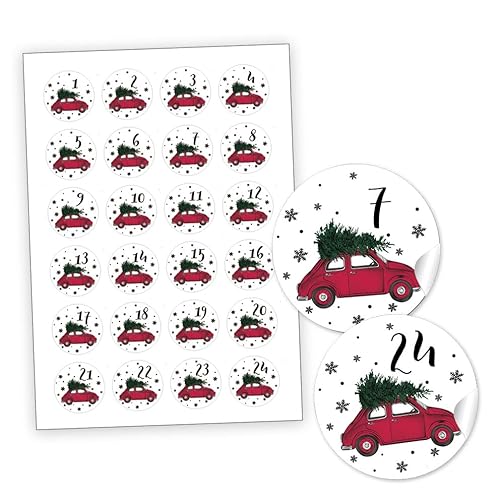 24 ADVENTSKALENDER-ZAHLEN Sticker Aufkleber AUTO & TANNENBAUM rot grün weiß schwarz für Adventskalender basteln Weihnachten Adventszeit Geschenke Format 4 cm, rund von fioniony
