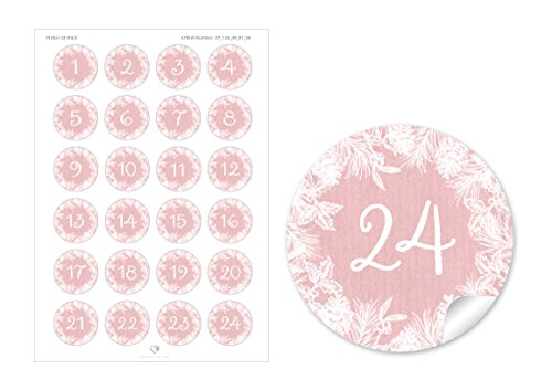 24 DIY Adventskalenderzahlen ROSA ZWEIGE KRANZ VINTAGE für einen DIY Adventskalender Papiertüten zum selber basteln 1 – 24 Format 4 cm, rund, matt von fioniony