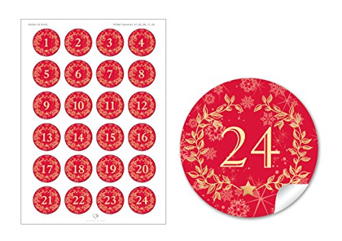 24 DIY Adventskalenderzahlen ROT Kranz Vintage für einen DIY Adventskalender Papiertüten zum selber basteln 1 – 24 Format 4 cm, rund, matt von fioniony