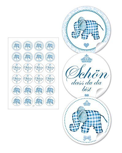 24 STICKER GEMISCHT: 24 selbstklebende gemischte Geschenkaufkleber "Elefant Karo blau" (A4 Bogen) zur Geburt oder Taufe für einen Jungen • Aufkleber/Etiketten (Format 4 cm, rund, matt von fioniony