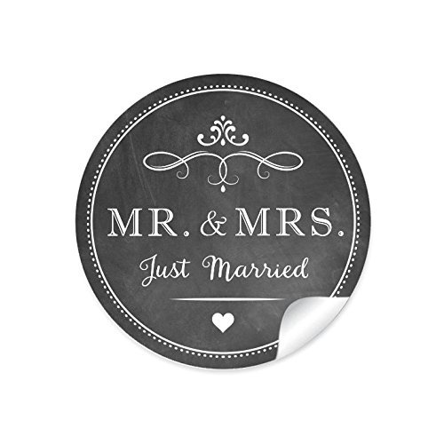24 STICKER: 24 Retro Hochzeitsaufkleber "MR. & MRS. - Just Married" (A4 Bogen) im "Kreide-Tafel-Look" in anthrazit im Vintage Style zur Hochzeit • Format 4 cm, rund, matt • Hochzeits CUPCAKE Deko von fioniony
