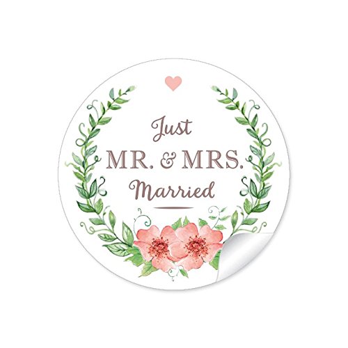 24 STICKER: Hochzeitsaufkleber"MR. & MRS. - Just Married" mit Kranz, Blüten und Herz in grün/apricot im Vintage Style zur Hochzeit • Aufkleber/Etiketten: 4 cm, rund, matt von fioniony