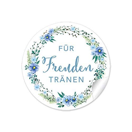 48 STICKER: "Für Freudentränen" in BLAU GRÜN mit Blütenkranz • Für Taschentücher/Taschentuchverpackung, Gastgeschenke, Hochzeitsmarmelade, Tischdeko, für Selbstgemachtes u.v.m. • 4 cm, rund, matt von fioniony