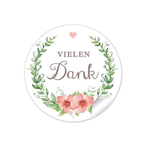 48 STICKER: "Vielen Dank" Etiketten mit Kranz, Blüten und Herz in grün/apricot um "Danke sagen" für Gastgeschenke, Hochzeitsmarmelade u.v.m. • Aufkleber: 4 cm, rund, matt von fioniony