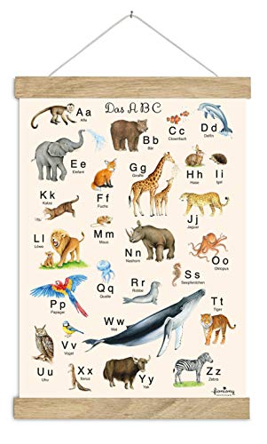DIN A3 ABC Poster Kunstdruck UNGERAHMT, OHNE HOLZLEISTE Tiere beige Tierposter Alphabet Lernposter Schulanfang 1. Klasse Kinderzimmer Weihnachtsdeko Bilder Zoo Wald Safari Afrika Kindergarten von fioniony