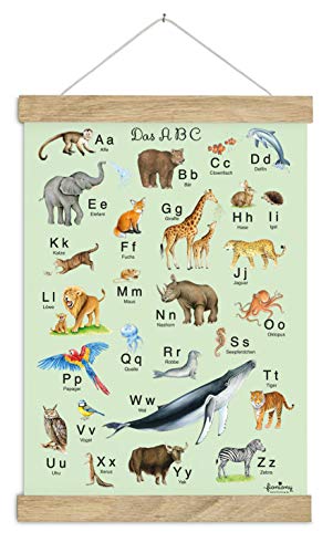 fioniony DIN A3 ABC Alphabet Poster Kunstdruck UNGERAHMT, OHNE HOLZLEISTE Tiere grün Tierposter Alphabet Lernposter Schulanfang 1. Klasse Kinderzimmer Weihnachten Zoo Wald Safari Afrika Kindergarten von fioniony