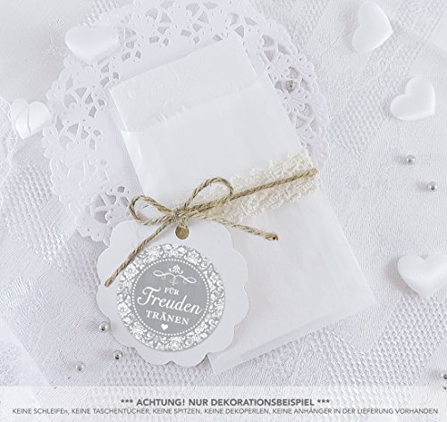 Freuden Tränen Taschentücher Set zur Hochzeit Klein 24 Sticker + 24 Pergamin Tütchen - 63 x 93 mm für Freudentränen Taschentuch Verpackungen Aufkleber in GRAU im Packpapier Shabby Chic Look von fioniony