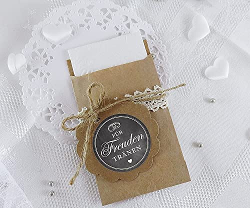 Freuden Tränen Taschentücher Set zur Hochzeit Klein 24 Sticker + 24 braune Flachbeutel - Kraftpapier - 63 x 93 mm für Freudentränen Taschentuch Verpackungen Aufkleber mit Ringen in SCHWARZ von fioniony