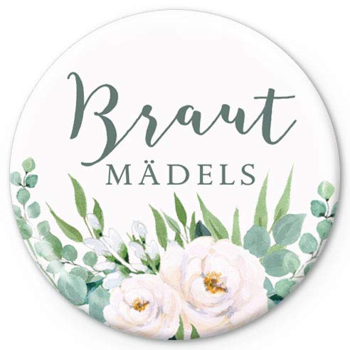 Junggesellenabschied Button BRAUTMÄDELS Rosen Eukalyptus Zweige GRÜN Weiß JGA Buttons zur Hochzeit BOHO Party Trauung Nadelbutton Anstecker Ø 50 mm Matt von fioniony