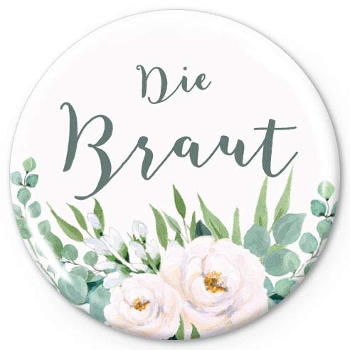 Junggesellenabschied Button Die Braut Rosen Eukalyptus Zweige GRÜN Weiß JGA Buttons zur Hochzeit BOHO Party Trauung Nadelbutton Anstecker Ø 50 mm Matt von fioniony