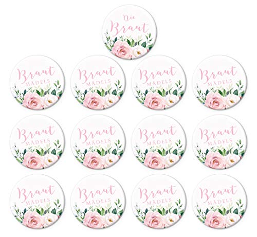 Junggesellenabschied Button Set 1 x Die Braut + 12 x Brautmädels Rosen Eukalyptus Zweige ROSA Weiß Grün JGA Buttons zur Hochzeit BOHO Party Trauung Nadelbutton Anstecker Ø 50 mm Matt von fioniony