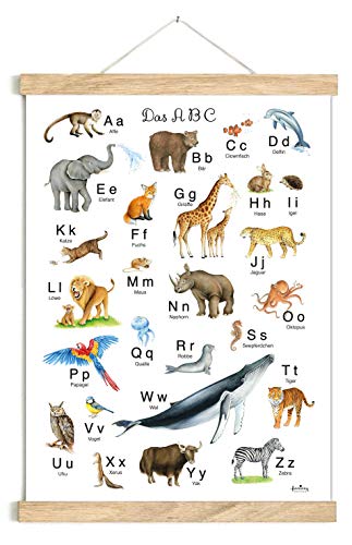 fioniony ABC BUCHSTABEN POSTER 50 x 70 cm TIERE UNGERAHMT OHNE HOLZLEISTE Tierposter Alphabet Lernposter Schulanfang 1. Klasse zur Schule Kindergarten oder Kinderzimmer Tierbilder Zoo Wald von fioniony