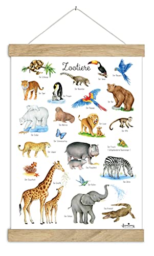 fioniony DIN A4 ZOOTIERE Poster Kunstdruck UNGERAHMT OHNE HOLZLEISTE Tiere Tierposter Alphabet Lernposter Schulanfang 1. Klasse Kinderzimmer Zoo Wald Safari Afrika Kindergarten von fioniony