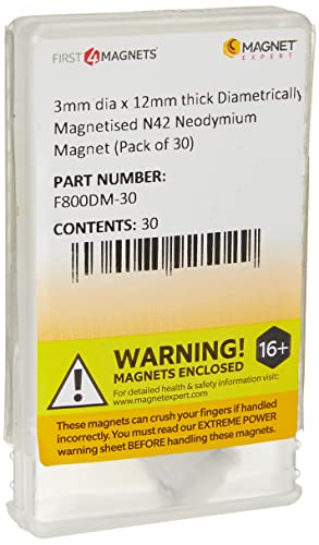 Diametral Magnetisierter N42 - Neodym - Magnet Für Kunst, Handwerk, Modellherstellung - 3mm Durchmesser x 12mm Dicke - Packung von 30 von first4magnets