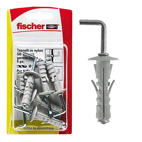 Fischer 6 Dübel SB 9 mit langem Haken, universell für die Befestigung von Lampen, Spiegeln, Möbeln an Wand und Beton, grau, 504446 von fischer