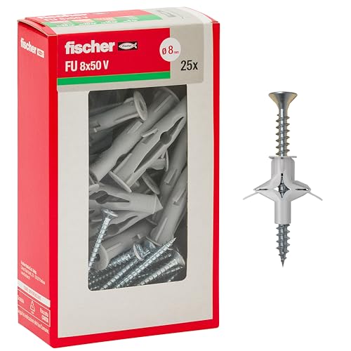 Fischer 25 Stück Dübel, 8 x 50 mm, FU mit Schraube, für Gipskarton, Paneele und Mauerwerk von fischer