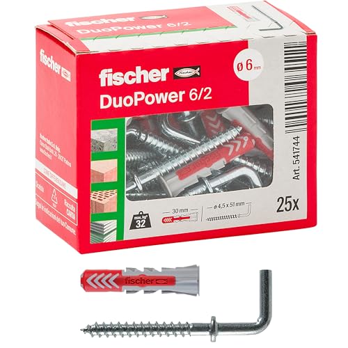 fischer 541744 Dübel mit Haken DUOPOWER, grau/rot, 25 pz, Stück von fischer