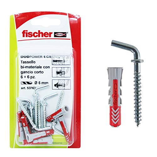 Fischer 537634 Dübel mit kurzem Haken Duopower, Grau/Rot, 6 pz, 6 Stück von fischer