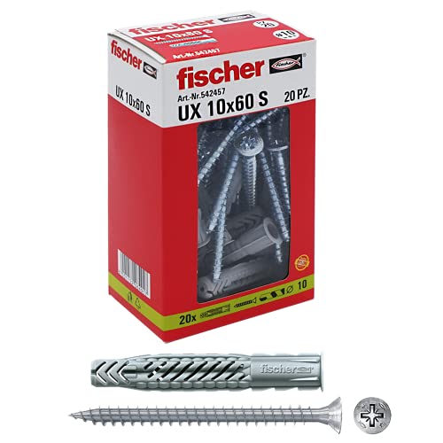 Fischer 20 x UX-Dübel mit Schraube 10 x 60 mm für Vollwand Lochziegel Gipskarton 542457, grau, Stück von fischer