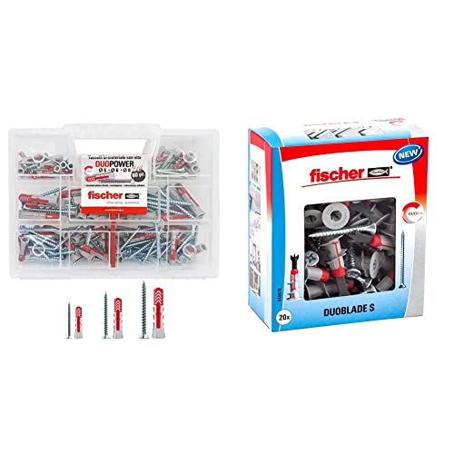 Fischer 544546 Duopower Kit Universaldübel & DUOBLADE S, selbstbohrender Gipskartondübel mit Spanplattenschraube, starker Dübel für einfache Montage in Gipskarton- und Gipsfaserplatten, Grau, Rot von fischer