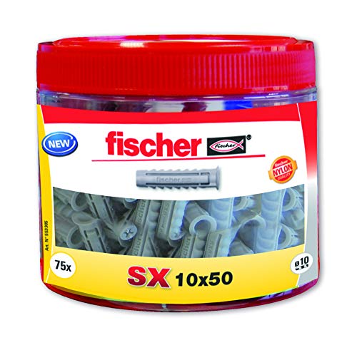 fischer Taco 10X50 Runde Box-75 (Dose STK), 553305 Dübel SX 10 x 50 Wanddübel zum Aufhängen von Bildern, Befestigung von Lampen, Round Box Stück, grau, Bote de 75 uds von fischer