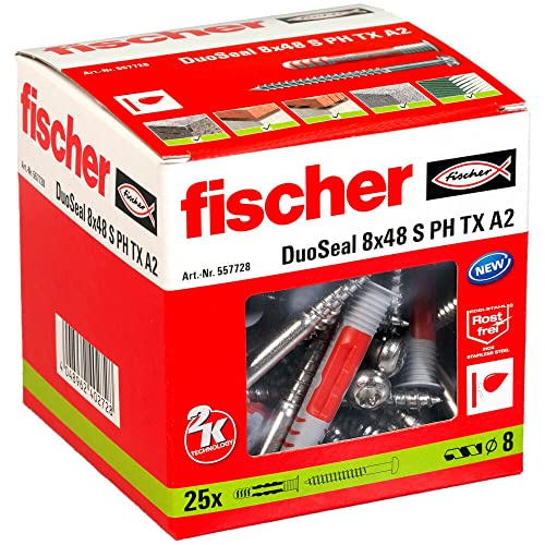 fischer DuoSeal 8 x 48 S, Universaldübel für Nassbereiche (25 Stk.) mit Schrauben, leistungsstarke Dübel, abdichtender Kunststoffdübel zur Befestigung in Feuchträumen, Bad-Dübel gegen Schimmel von fischer