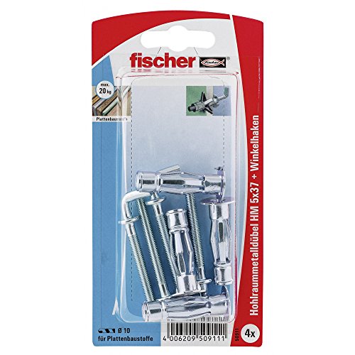 Fischer Hohlraum-Metalldübel HM 5 x 37 HK SB-Karte, 4 x Winkelhaken mit Bund M 5 x 60, 050911 von fischer