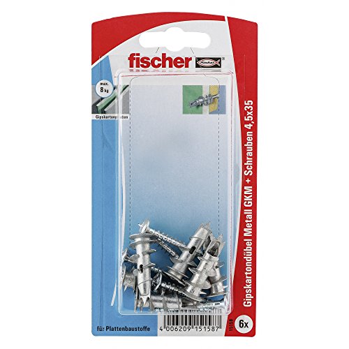 fischer 015158 Gipskartondübel Metall SK SB-Karte, Inhalt Gipskarton-/Gipsfaserplattendübel GKM, 6 x Spanplattenschraube 4,5 x 35, Mehrfarbig von fischer
