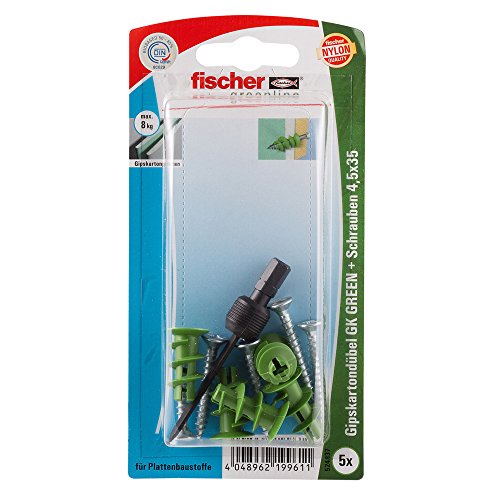fischer 524837 S K, Inhalt Gipskartondübel GK Green, 5 x Spanplattenschraube 4,5 x 35, 1 x Setzwerkzeug von fischer
